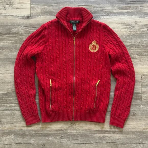Vintage Lauren Ralph Lauren Cable Knit Full Zip Crest Sweater Size Medium Petite - Picture 1 of 7